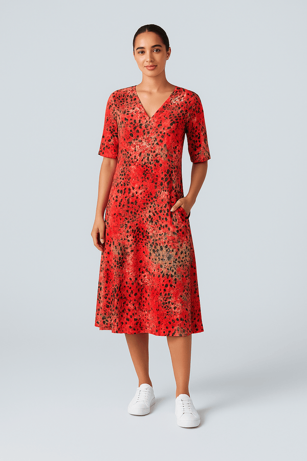 FlowVibe™ - V - udskæring, korte ærmer, A - formet mønstret kjole med sidelommer - Azora