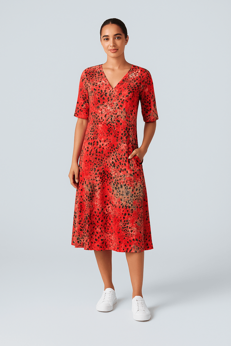 FlowVibe™ - V - udskæring, korte ærmer, A - formet mønstret kjole med sidelommer - Azora