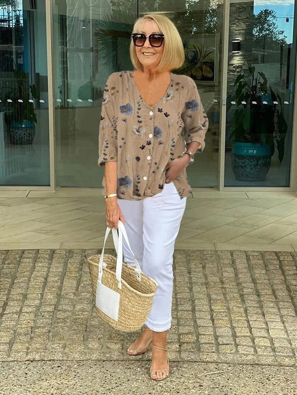 LinenBlossom™ - Blomsterbluse i bomuld og hør - Azora