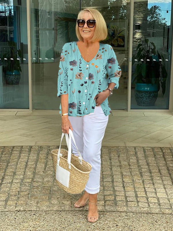 LinenBlossom™ - Blomsterbluse i bomuld og hør - Azora