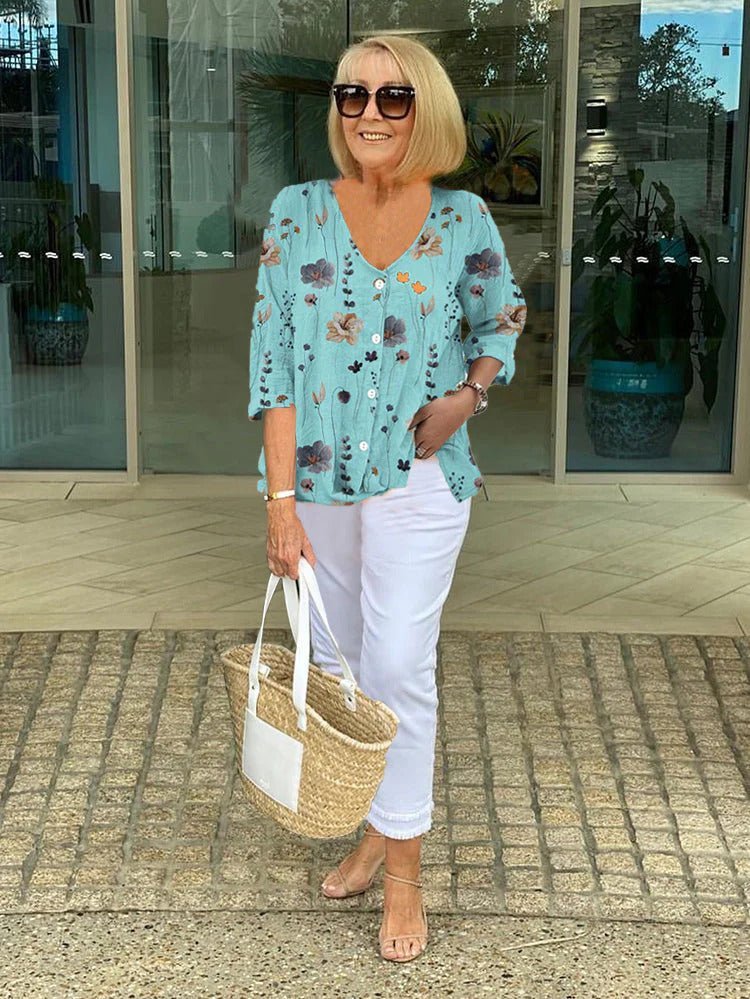 LinenBlossom™ - Blomsterbluse i bomuld og hør - Azora