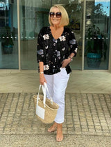 LinenBlossom™ - Blomsterbluse i bomuld og hør - Azora