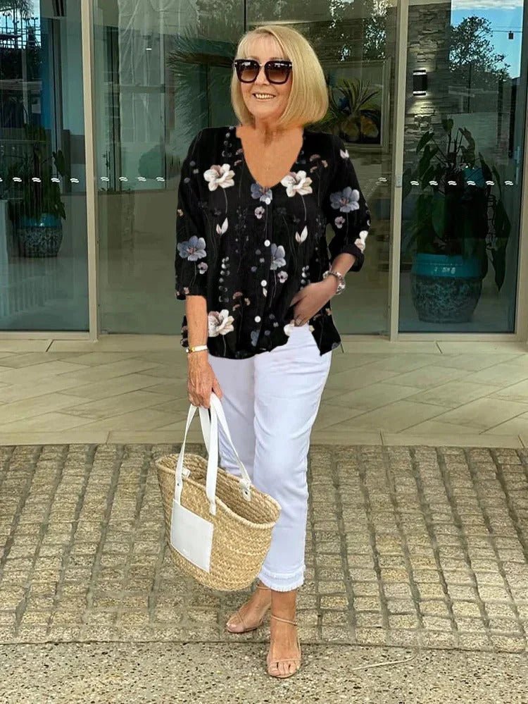 LinenBlossom™ - Blomsterbluse i bomuld og hør - Azora