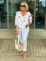 LinenBlossom™ - Blomsterbluse i bomuld og hør - Azora